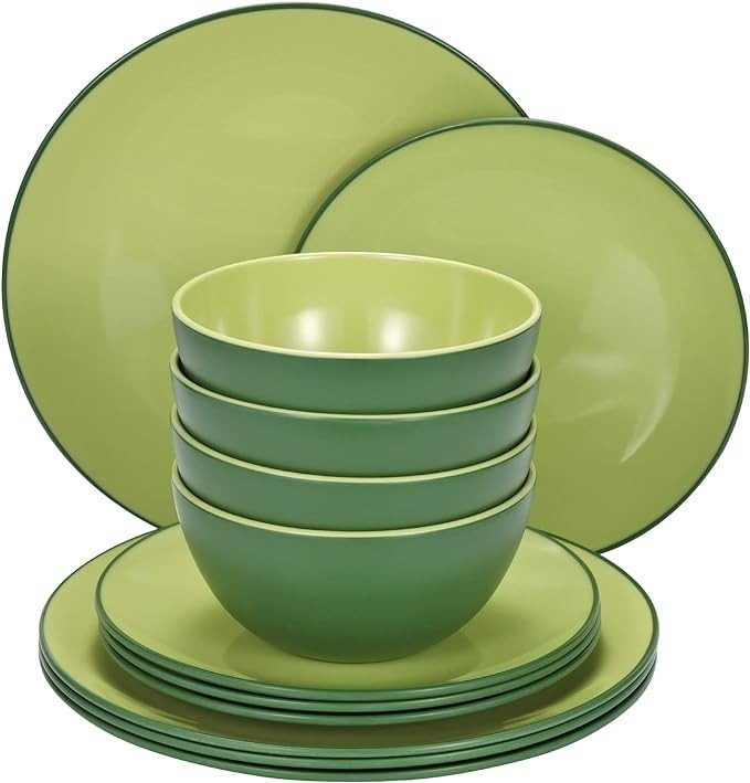 TP 12-Piece Dinnerware Set, Melamine Dishes Set with Bowls and Plates, Non-breakable Lightweight Dinner Service for 4, Avocado Green