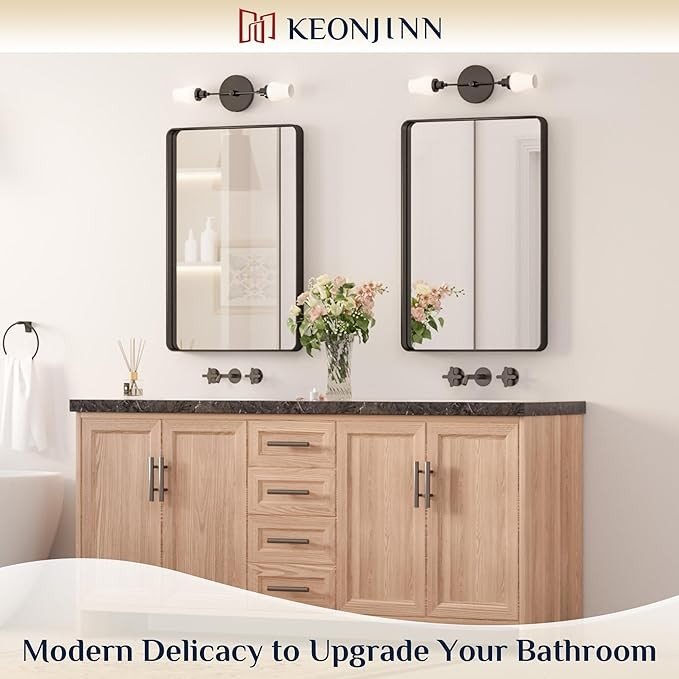 Keonjinn Black Metal Framed Bathroom Mirrors for Wall, 20 x 30 Inch Rounded Rectangle Bathroom Vanity Mirror, Matte Black Farmhouse Mirror with Seamless Frame, HD Tempered Glass(Horizontal/Vertical)