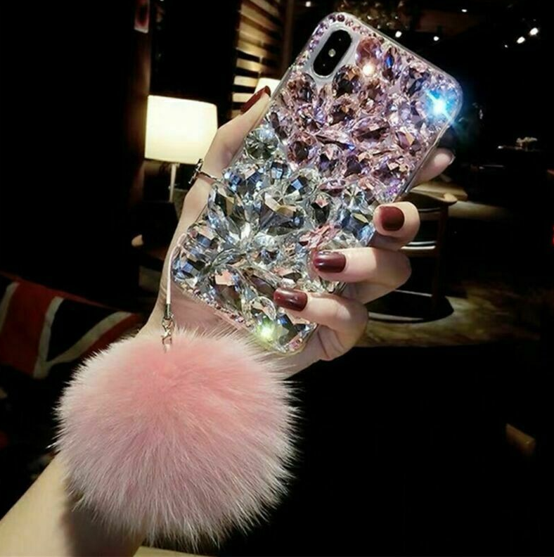 Glitter Bling Diamond Case & Plush Ball For iPhone 12 14 Pro Max 13 11 XS XR 7 8