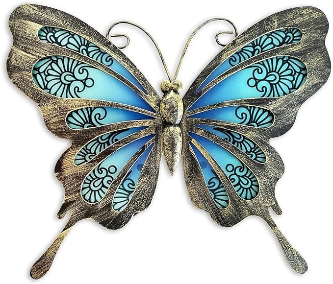 LIFFY Metal Butterfly Outdoor Decor 12" Hanging Glass Butterflies Wall Decor Garden Art Decorative Ornaments Outside Indoor Home Decor for Living Room Bedroom Patio Fence