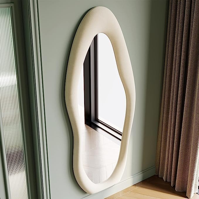 Honyee Full Length Mirror, 63" x 24" Wall Mirror, Flannel Wrapped Wooden Frame Full Body Mirror, Irregular Wavy Mirror Hanging or Leaning Against Wall for Cloakroom/Bedroom/Living Room, White