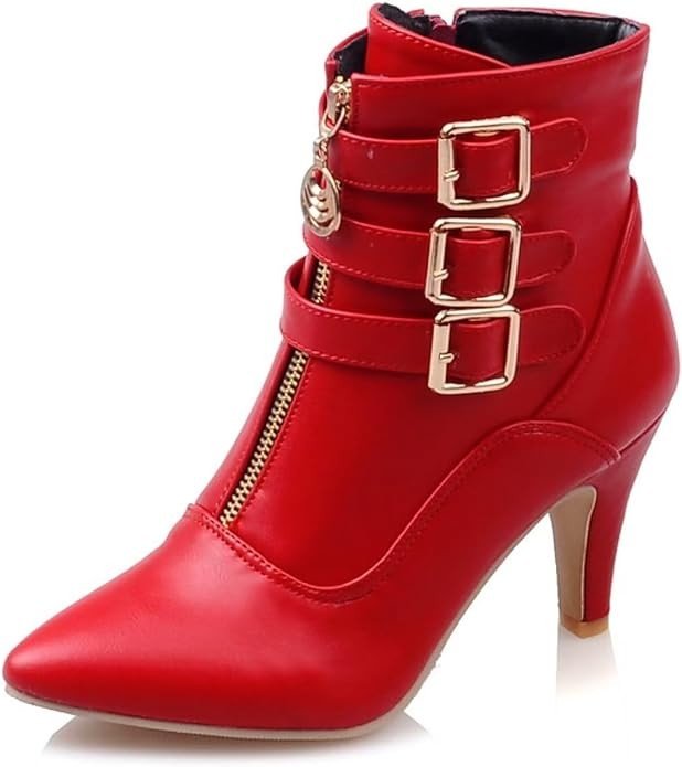 MEOTINA Buckle Ankle Boots for Women Pointed Toe High Heels Booties with Zipper Kitten Heel Shoes