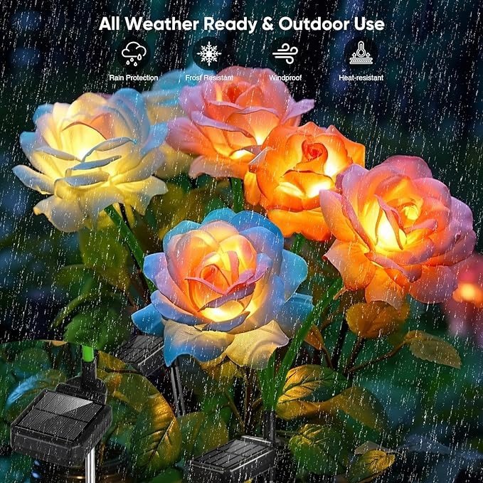 Solar Garden Lights Outdoor Waterproof: 4 Pack Solar Flowers Decorative Lights with 20 Rose Flowers, Color Changing Flower Lights Solar Powered, Solar Yard Lights for Outside Patio Lawn Party Decor