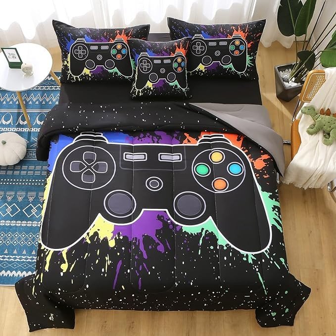 JQinHome Twin Gamer Comforter Sets for Boys&Girls ,6 Piece Bed in A Bag 3D Video Game Bedding -All Season Microfiber Gamer Bedding Sets for Kids, with Pillowcase, Flat & Fitted Sheet,Cushion Cover