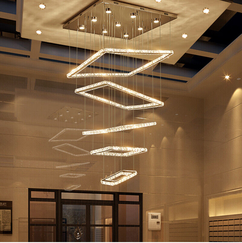 LED Square K9 Crystal Ceiling Fixture Dining Room Pendant Lamp Light Chandelier