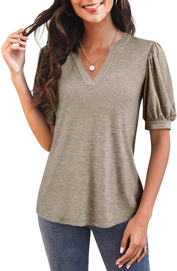 Imily Bela Womens V Neck T Shirts Casual Puff Sleeve Loose Dressy Blouses Summer Tops