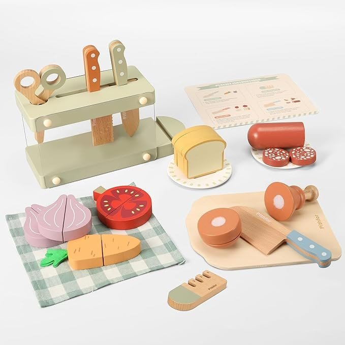 Pithfor Play Knife Set, Play Kitchen Accessories, Wooden Pretend Play Food Set Toys for Kids Toddlers, Gifts for 2 3 4 Years Old Girls Boys