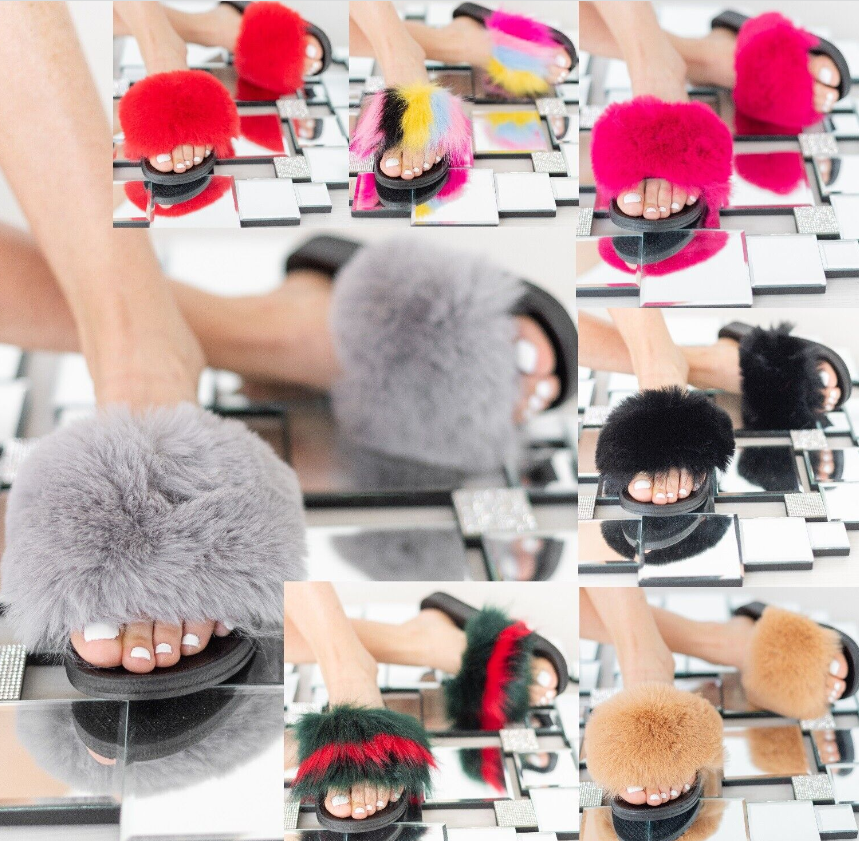 WOMENS LADIES FAUX FUR FLUFFY SLIDERS FASHION SUMMER SANDALS SLIPPERS WARM SHOES