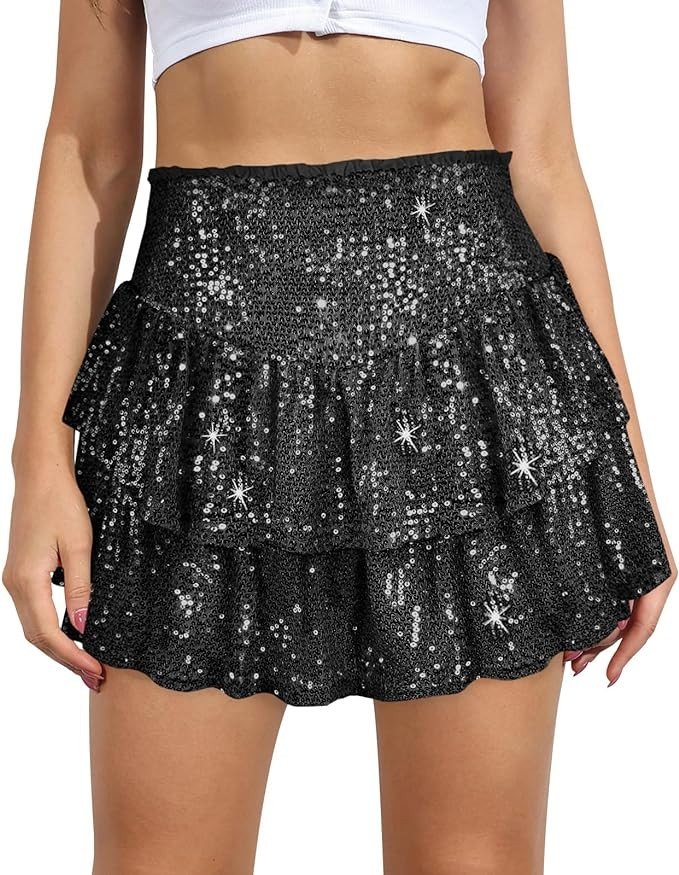 MIYIEONZ Women Sequin Skirt Sparkly Cute High Waist Ruffle Flowy Shiny Glitter Mini Short Skirts Night Out Club Party