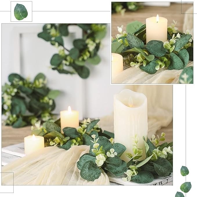 8 Pcs Candle Rings Artificial Eucalyptus Leaves Wreaths Candle Rings Wreaths Greenery Wreath Candle Rings for Pillars Boho Wreath Pillar Candleholders for Wedding Party Home Table Door(Vivid Style)