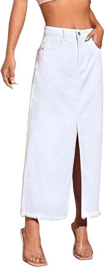 SweatyRocks Women's High Waist Split Thigh Raw Hem Denim Skirt Long Jean Skirt with Pocket