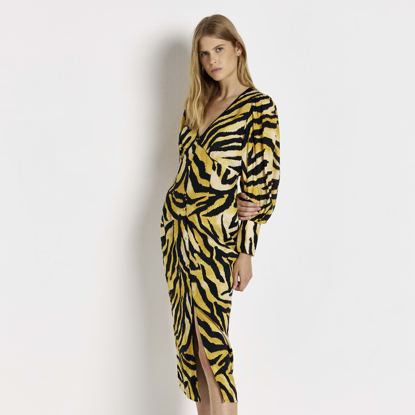River Island Womens Midi Dress Brown Satin Animal Print Stylish
