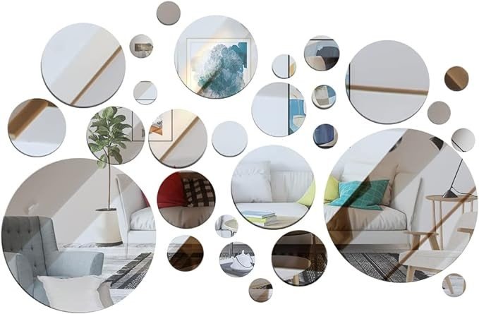 Acrylic Mirror Wall Stickers, Removable Wall Decal Mirror Set, Bathroom Wall Sticker Art, Circle Ceiling Mirrors for Bedroom, Home, Living Room, Sofa TV Background Decor (Round, Silver)