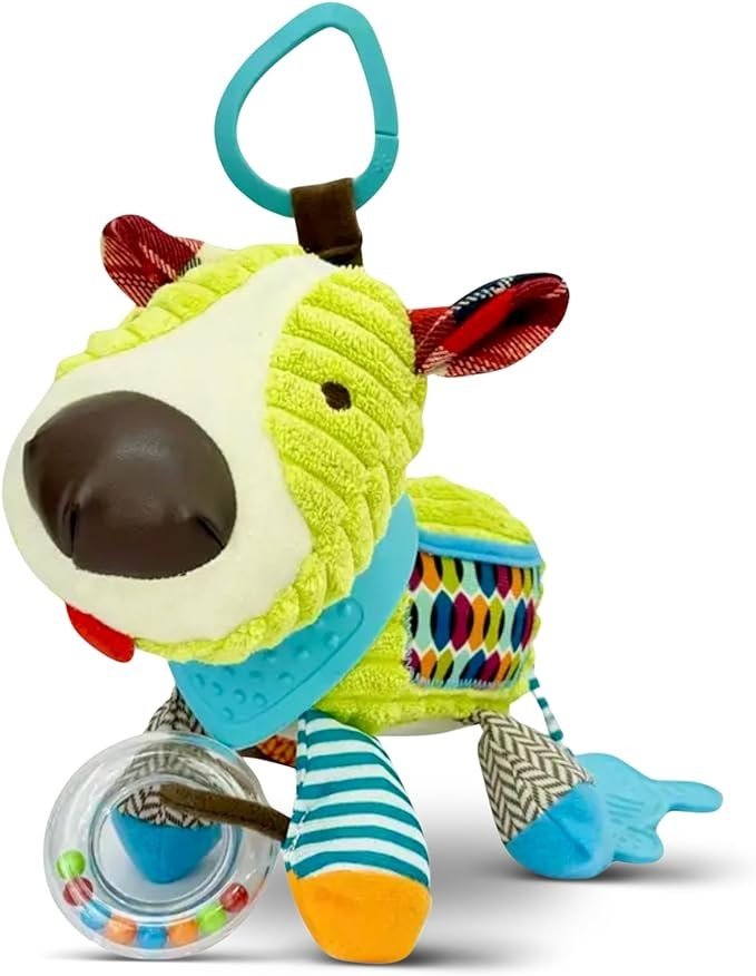 Maple Toys - Furry Friends 5-in-1 Multi-Sensory Toy with Teethers, Rattles, Crinkle Paper and Textures, Removeable Hook for Crib/Stroller, Cute Bell, Great Gift for Birthdays/Baby Showers (Puppy)