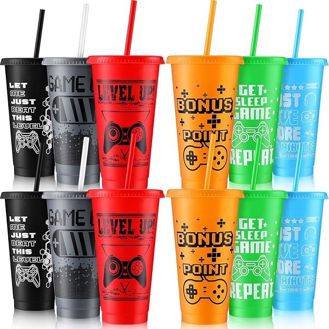 Mifoci Gaming Party Favor Video Game Plastic Reusable Cute Cups with Lids and Straws Gamer Tumbler Iced Coffee Travel Mug Water Bottle for Adult Kid Game Birthday Party Supplies (12 Pcs)