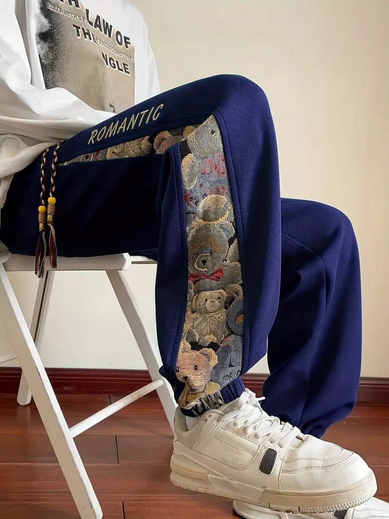 Men's Loose Fit Bear Embroidery Joggers, Casual Stretch Street Style Sports Pants