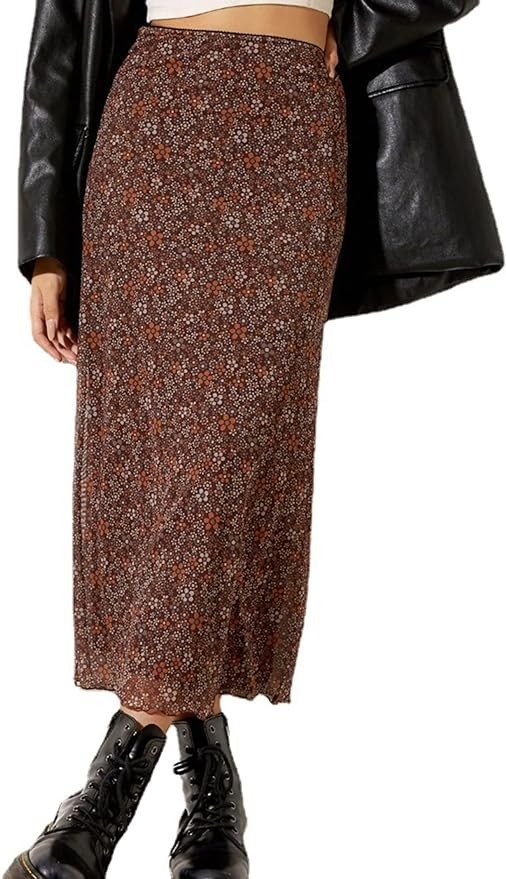 Avanova Women Floral Boho Mesh High Waist Midi Skirt Lettuce Trim Summer Skirt
