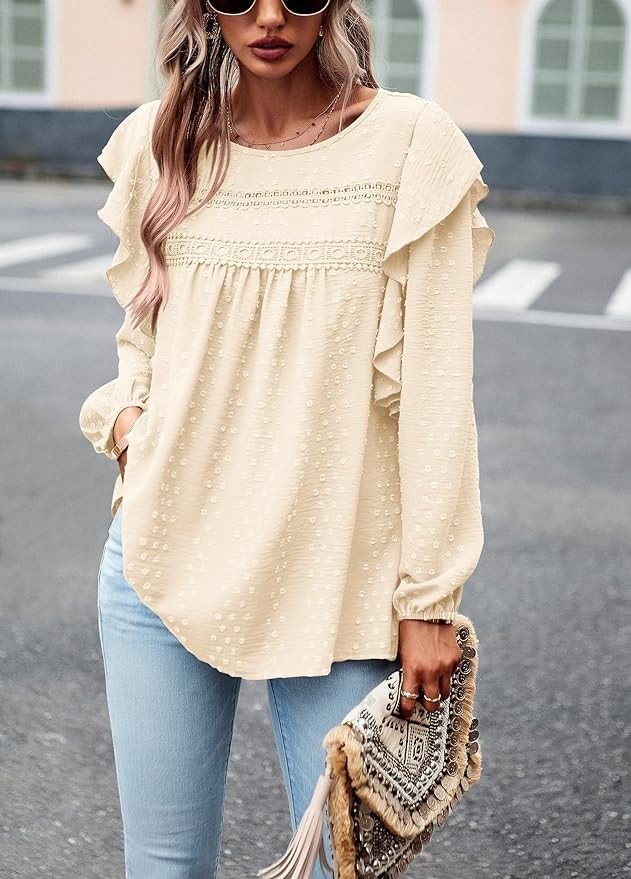 Pretty Garden Womens 2023 Fall Swiss Dot Crochet Loose Fit Tunic Top