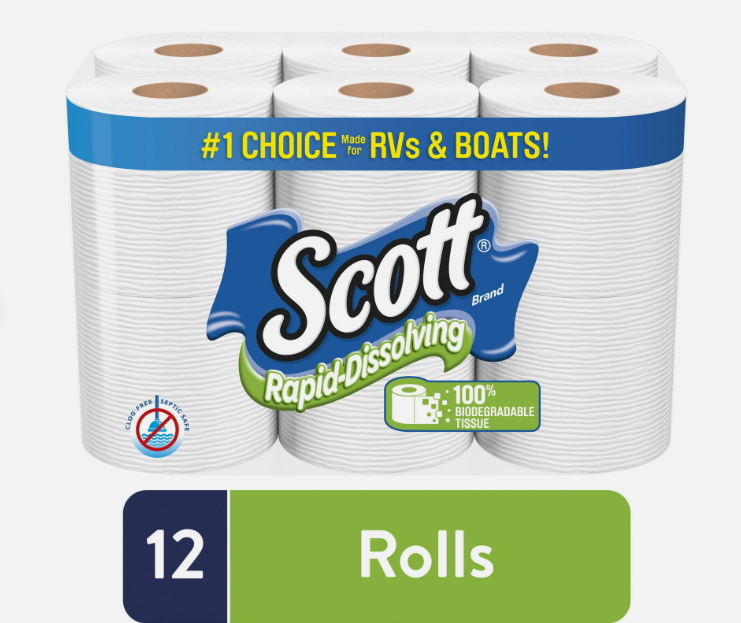 Scott Rapid-Dissolving Toilet Paper, 12 Toilet Paper Rolls, Bath Tissue for RV &