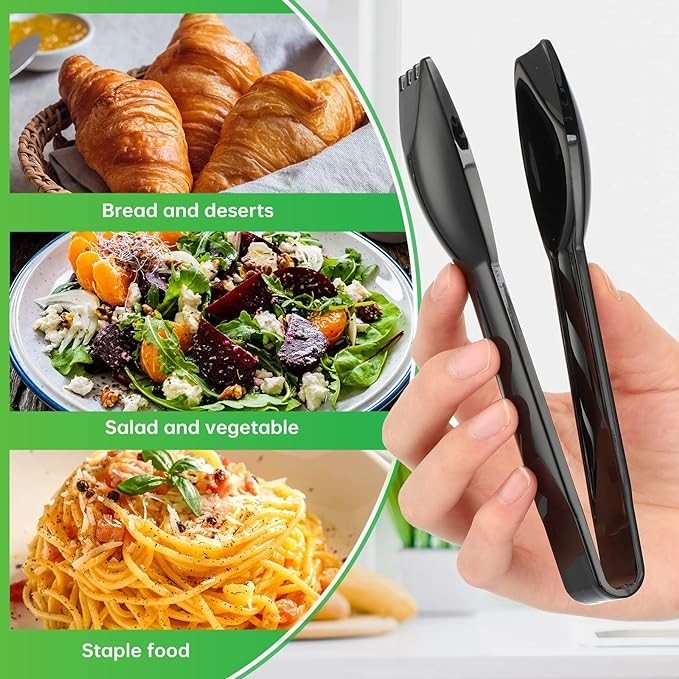 6 Inch Utility Tong Plastic Serving Tongs Bulk Scalloped Serving Utensils Charcuterie Accessories Heavy Duty Tongs for Cooking Small Tongs for Appetizers Food Catering Dinner Party (Black,48 Pcs)