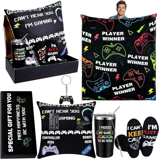 Ziliny 6 Pcs Gamer Gifts for Boys Graduation Gifts Sets Gaming Throw Blanket Tumblers Funny Pillow Covers Socks Keychain and Gift Box for Graduate Men Teen Boys Gamer Lover Gifts