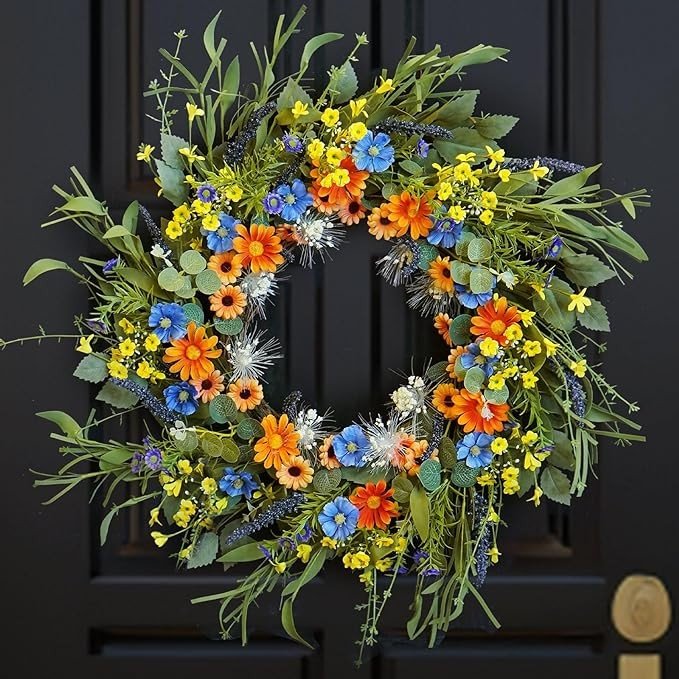 Spring Wreaths for Front Door Outside, Summer Green Wreath, Daisy and Lavender, Farmhouse Easter Decorations Home Decor for Window Outdoor Indoors (Orange) Visit the Soomeir Store