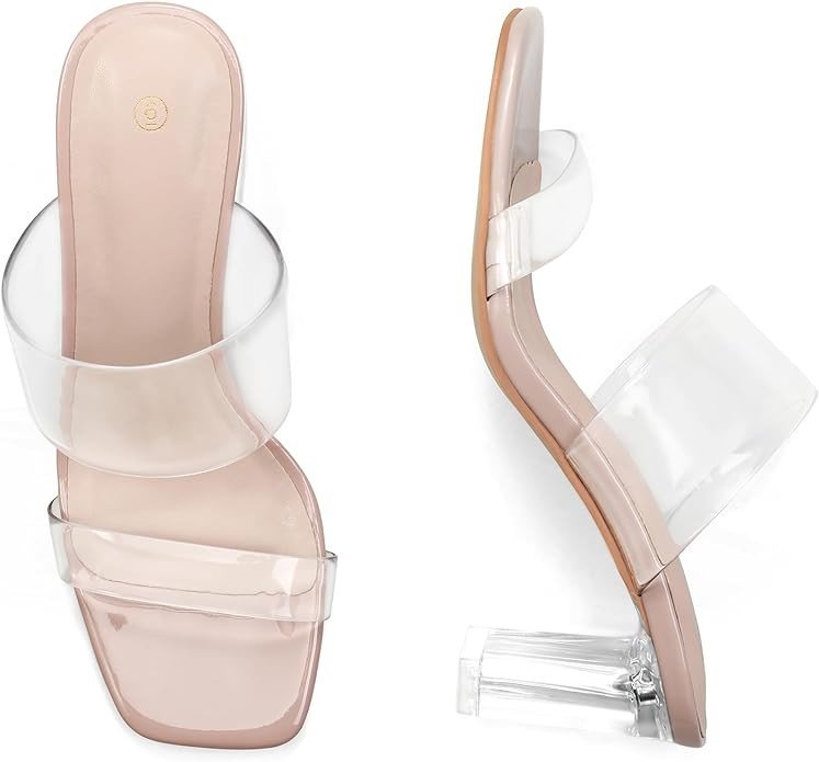 mysoft Clear Heels for Women Transparent Two Strap Block Chunky Square Heel Sandals Open Toe Slip On Sandals