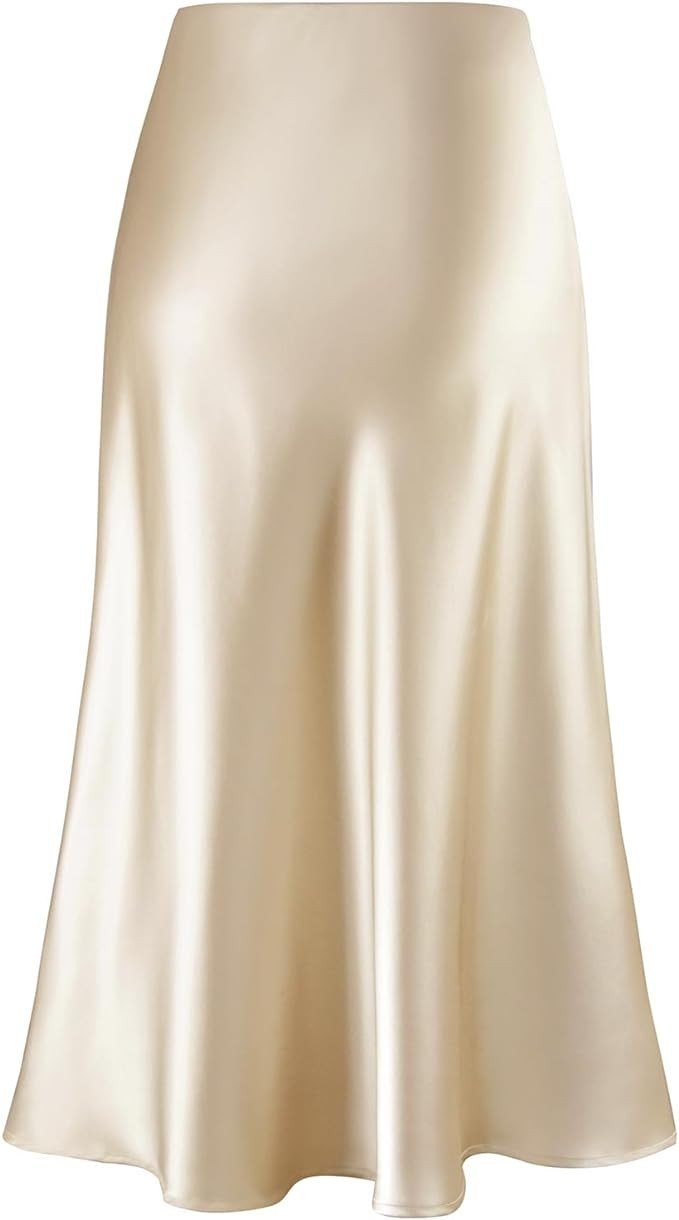 Women's Satin High Waist Hidden Elasticized Waistband Flared Casual A Line Midi Skirt