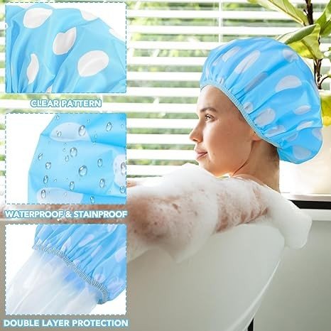 2 Packs Large Shower Cap, Waterproof Reusable Shower Cap Double Layers Hat Bath Caps with Hair Scrunchies for Home Spa Salon
