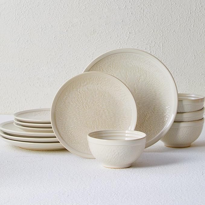 Pokini Dinnerware Sets, Beige Relief Plates and Bowls Sets, 12 Pieces Stoneware Dinnerware Set Service for 4, Vintage Look Dish Set Clearance, Handmade Highly Chip and Crack Resistant Dishes