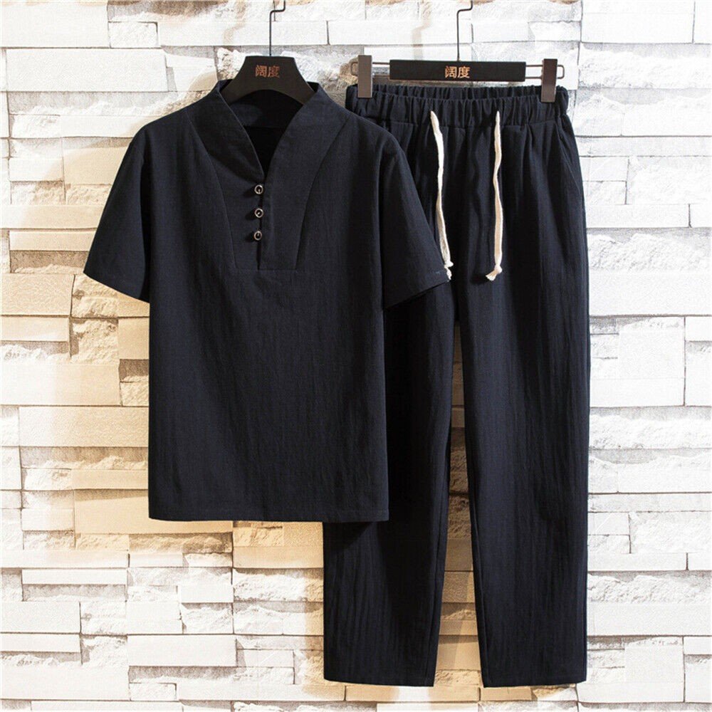 Mens linen Outfit 2-Piece Set Short Sleeve Shirts and Pants Sweatsuit Set