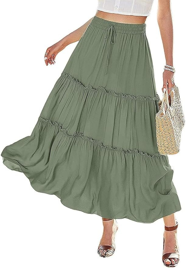 Avanova Women Tiered Layered Flowy Long Skirt Ruffle High Waist Summer Maxi Skirt