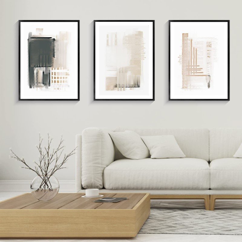 Canvas Wall Art, Set of 3 Framed Art Prints, Abstract Painting, Neutral Minim...