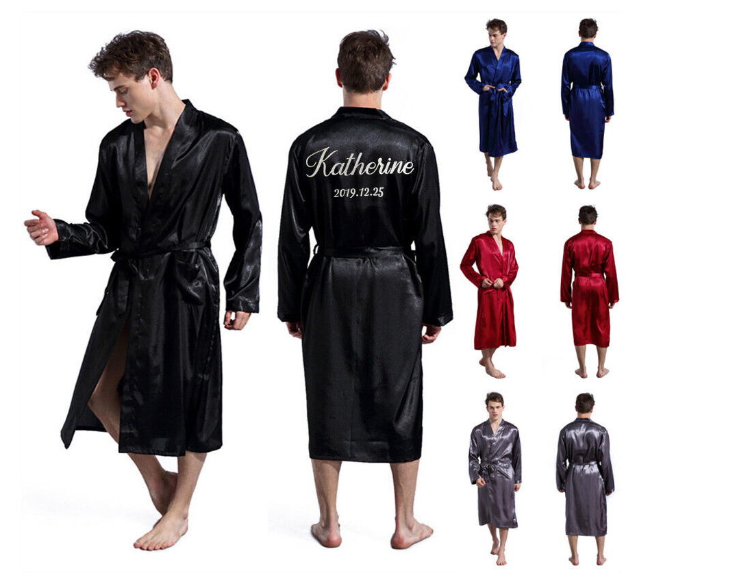 Personalized Mens Satin Silk Pajamas Kimono Robe Dressing Gown Pjs Loungewear