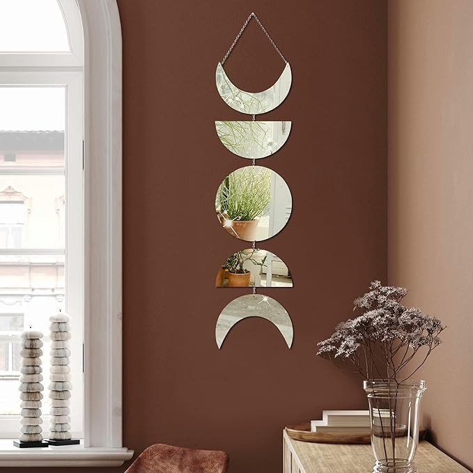 Moon Cycle Wall Decor | Acrylic Decorative Moon Phase Mirror Boho Wall Hanging | Bohemian Decor for Bedroom | Preppy Aesthetic Mirror Decorations for Living Room Moon Phases Art | Silver, Gold Decor