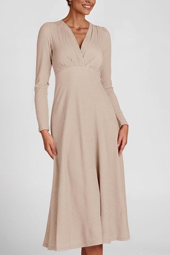 Pretty Garden Womens 2024 Fall Long Sleeve V Neck A Line Flowy Midi Dresses