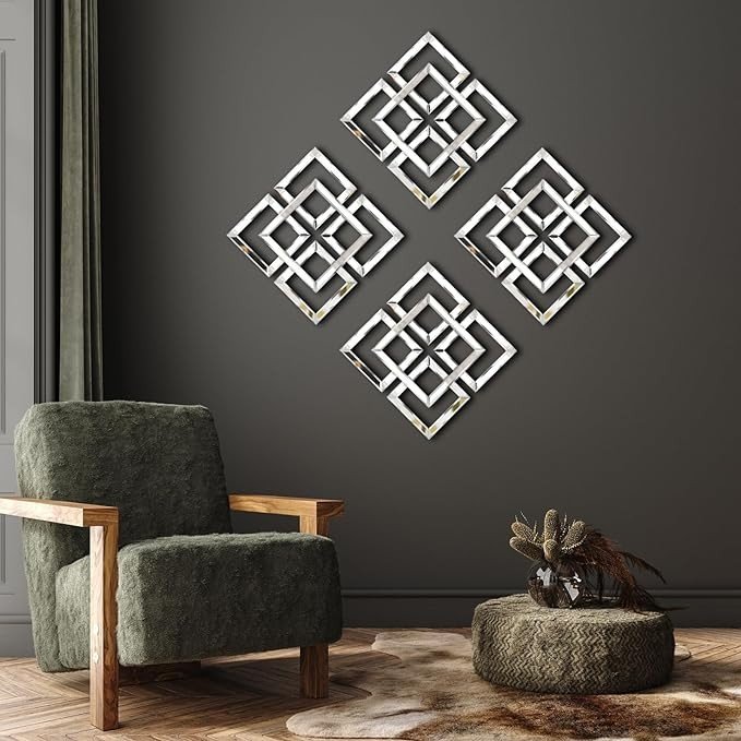 Tatuo 4 Sets Silver Mirrored Wall Decor 16 x 16 Inches DIY Wall Mounted Mirrors Gorgeous Glam Decorative Modern Square Mirror Wall Art for Living Room Home Bedroom