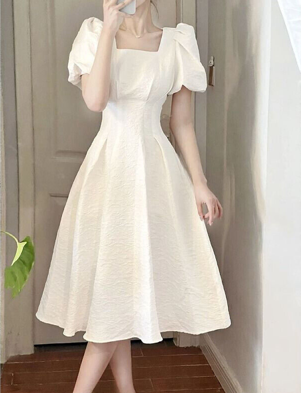 Womens Elegant Square Short Neck Puff Sleeves Slim Fit Summer Party Midi Dress