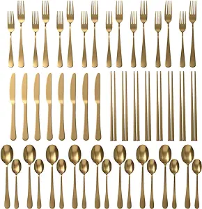 Homwoody Premium Stainless Steel 56-Piece Flatware Cutlery Set(Gold)-Silverware set for 8-Luxurious Home Kitchen Dinnerware Sets-Great Kitchen Accessories-Perfect House Warming/Christmas Gift