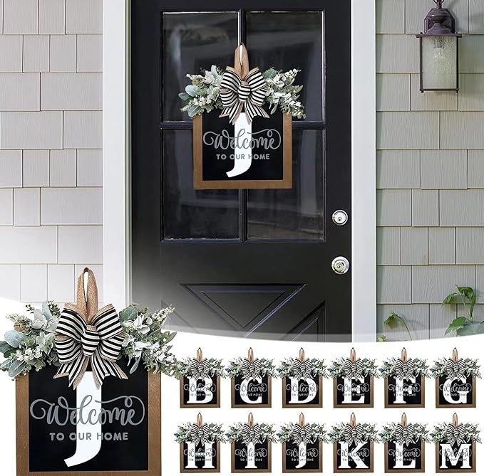 2024 New Last Name Year Round Front Door Wreath Front Porch Decoration 26 Letter Welcome Sign with Eucalyptus Garland and Bow Spring Wreaths for Front Door Outside Hanger Garland (J)