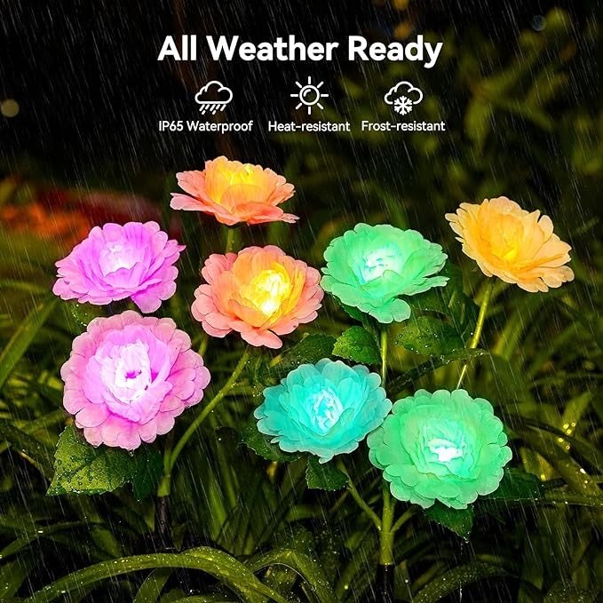 KOOPER Solar Lights Outdoor Garden Decor, 4 Pack Solar Garden Lights Outdoor with 16 Peony Solar Flowers, 7 Color Changing Solar Lights for Outside, Outdoor Solar Lights Yard Decor Mother's Day Gifts