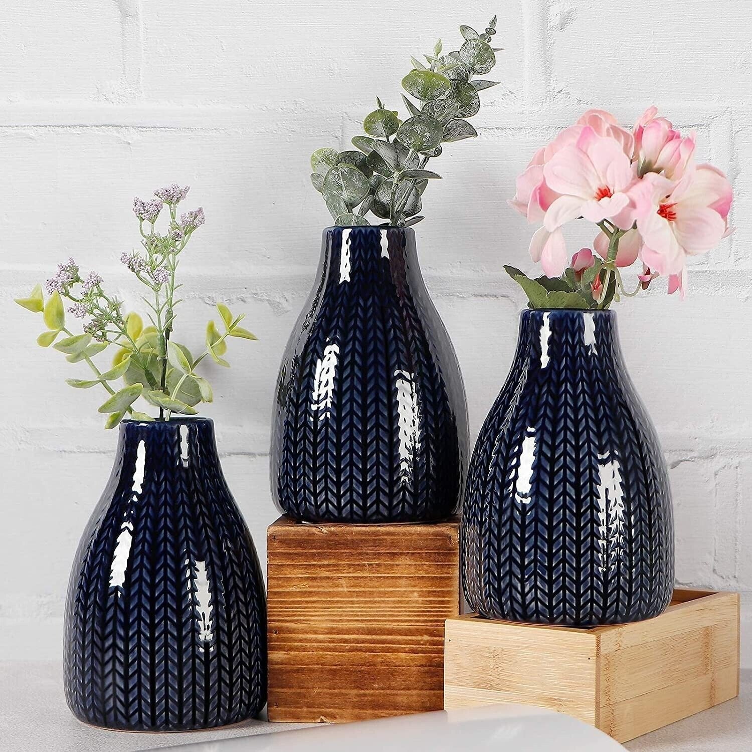 Home Living Room Decor Set of 3 Small Dark Blue Stoneware Ceramic Flowers Vases