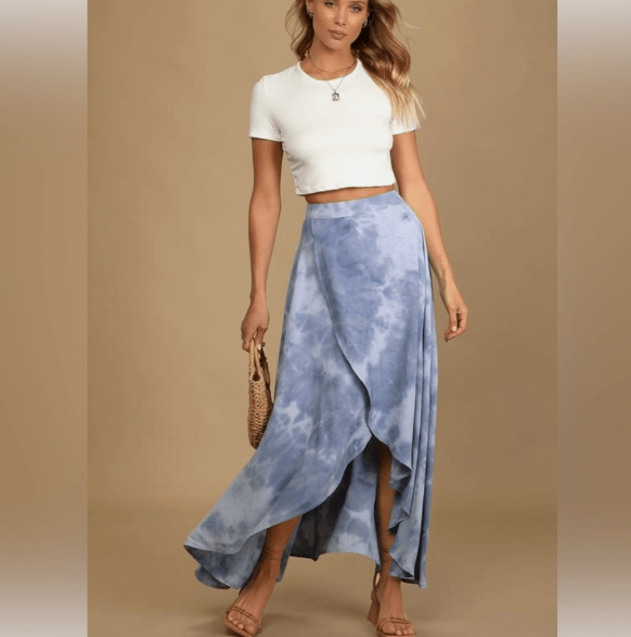 Lulus Above the Clouds Blue Tie-dye High Low Mid Skirt, Blue/White, Medium