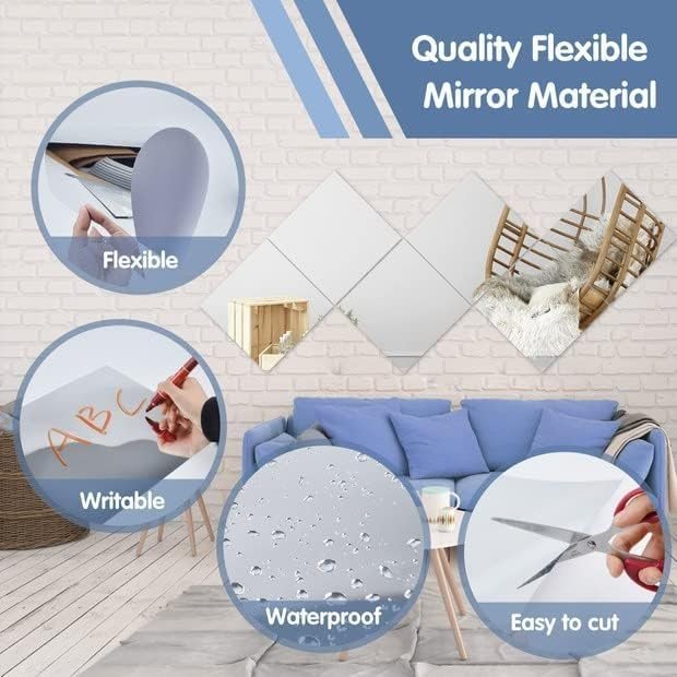 Ausbond 12 Pcs Flexible Mirror Sheets Stickers, Non Glass Safety Reflective Mirror, 12 x 12 in Self Adhesive Square Cuttable Mirror Wall Stickers for DIY Craft Home Wall Decoration