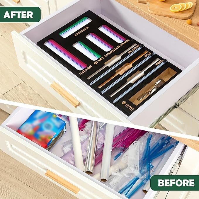 Calmbee Storage Bag Organizer, Foil and plastic wrap organizer with cutter, Kitchen Organizers and Storage Compatible with Gallon, Quart, Sandwich, Snack Bags and 12" Aluminum Foil & Wax Paper,Black