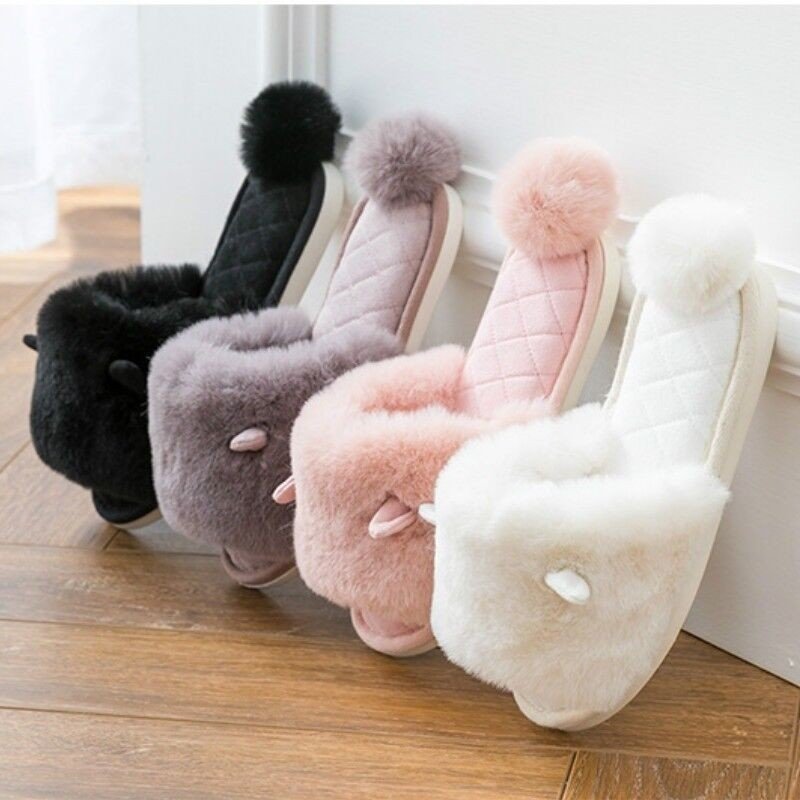 Ladies Winter Faux Fur Slippers Shoes Pom Pom Ear Warm Indoor Home Soft Japanese
