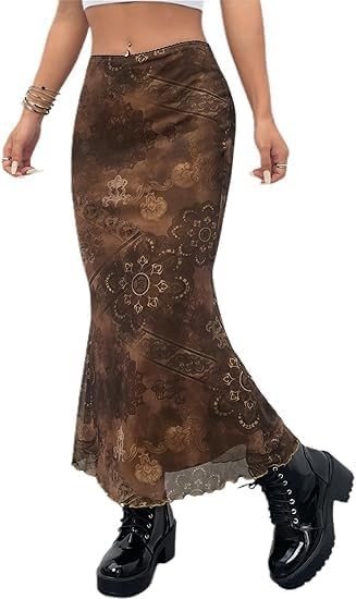 Avanova Women Boho Floral Mesh Mermaid Skirt High Waist Summer Fishtail Midi Skirt
