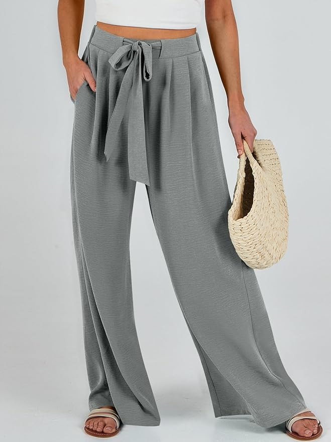Caracilia Womens Wide Leg Palazzo Pants High Waisted Adjustable Tie Knot Flowy Trousers Casual Loose Lounge Pant with Pockets
