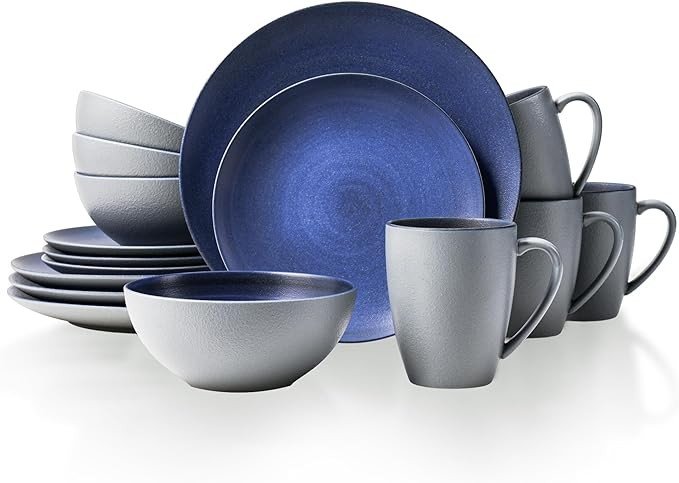 Larinest 16-Piece Dinnerware Sets,plates and bowls sets,Plates,Bowls and Mugs,Service for 4,Microwave and Dishwasher Safe,Porcelain Chip and Scratch Resistant,Blue