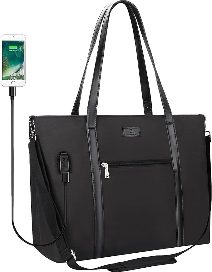 Laptop Tote Bag for Women 17.3 Inch Laptop Bag Waterproof Nylon Teacher Bag Work Bag with USB Charging Port Computer Tote Bag Large Laptop Bag for Women Handbag Satchel Shoulder Bag